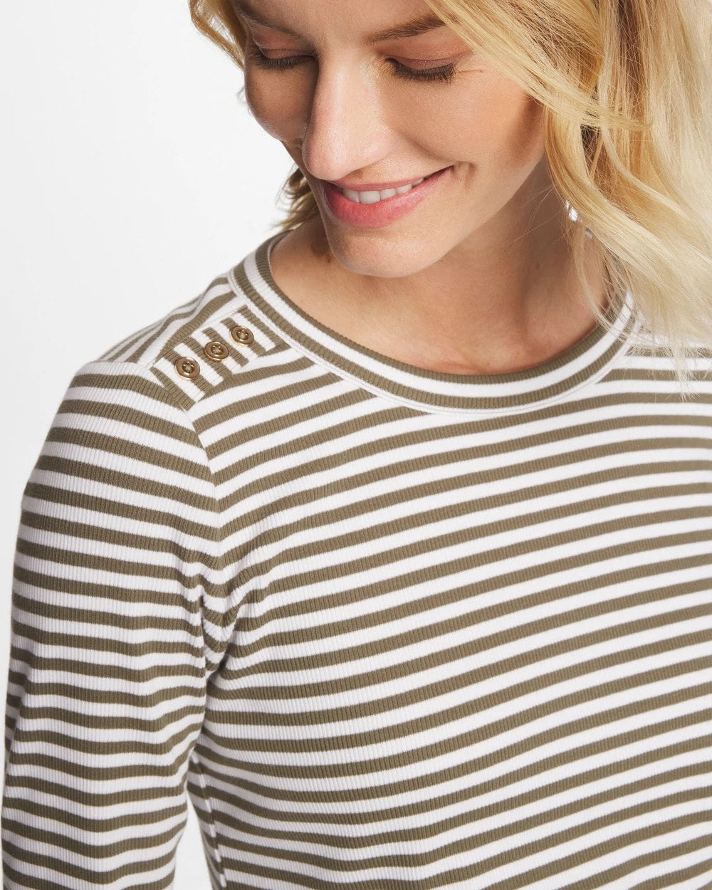 Striped Ribbed Button Crewneck Tee Lichen - Chico's