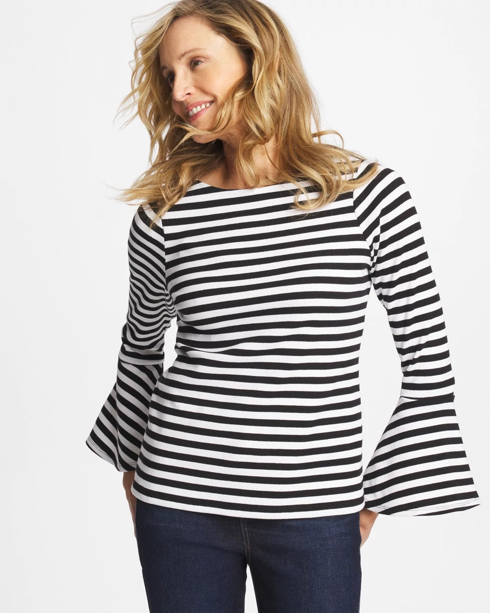 Striped Rib Knit Bell Sleeve Top Black - Chico's