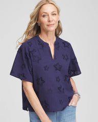 Embroidered Star Split Neck Blouse Passport Blue - Chico's