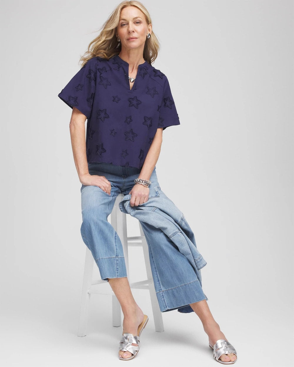 Embroidered Star Split Neck Blouse Passport Blue - Chico's