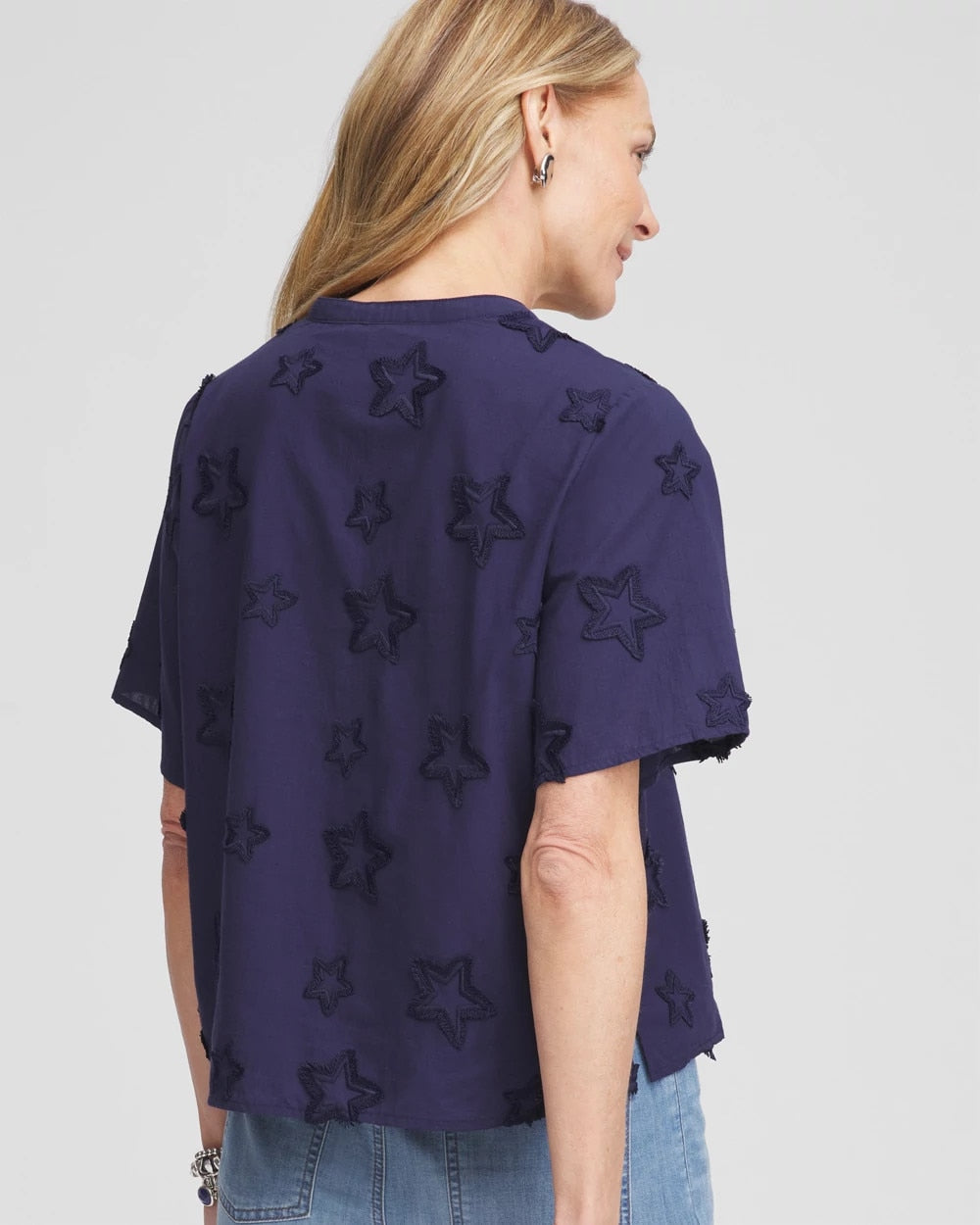 Embroidered Star Split Neck Blouse Passport Blue - Chico's
