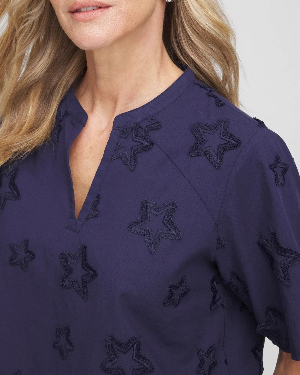 Embroidered Star Split Neck Blouse Passport Blue - Chico's