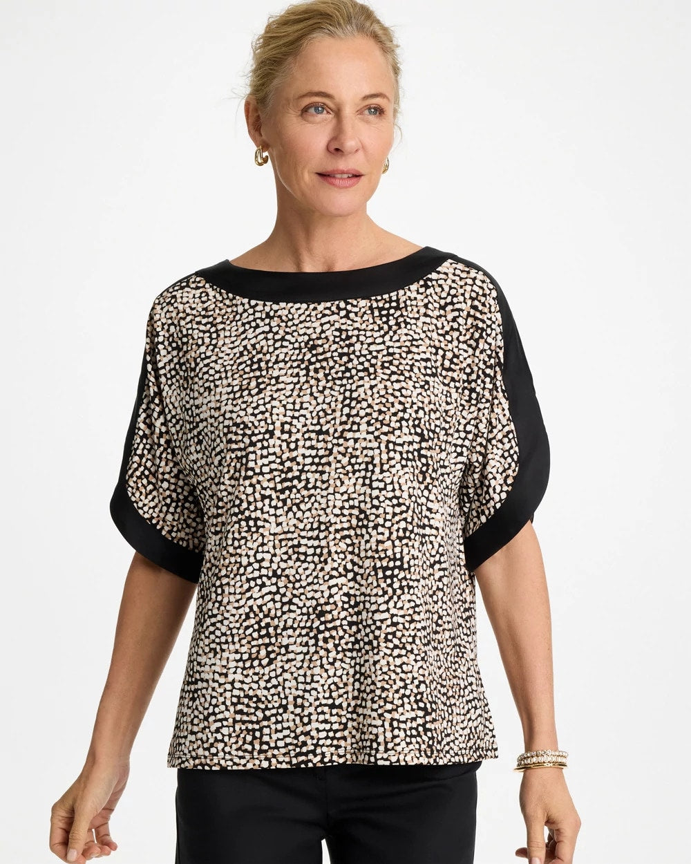 Printed Jersey & Satin Dolman Tee Cattail Brown - Chico's