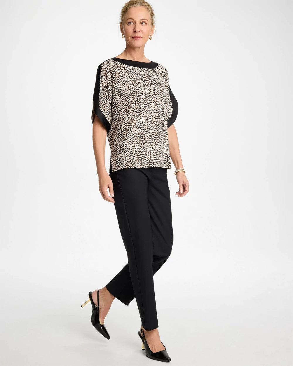Printed Jersey & Satin Dolman Tee Cattail Brown - Chico's