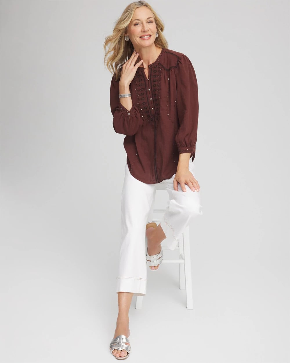 Embroidered Crinkle-Cotton Blouse Cacao - Chico's
