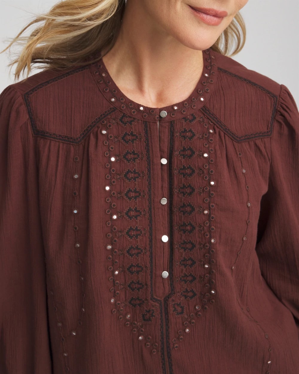 Embroidered Crinkle-Cotton Blouse Cacao - Chico's