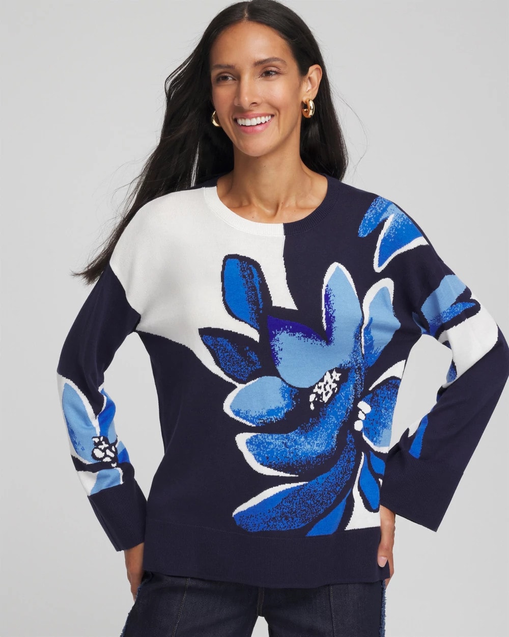 Floral Intarsia Crewneck Pullover Tidal Blue - Chico's