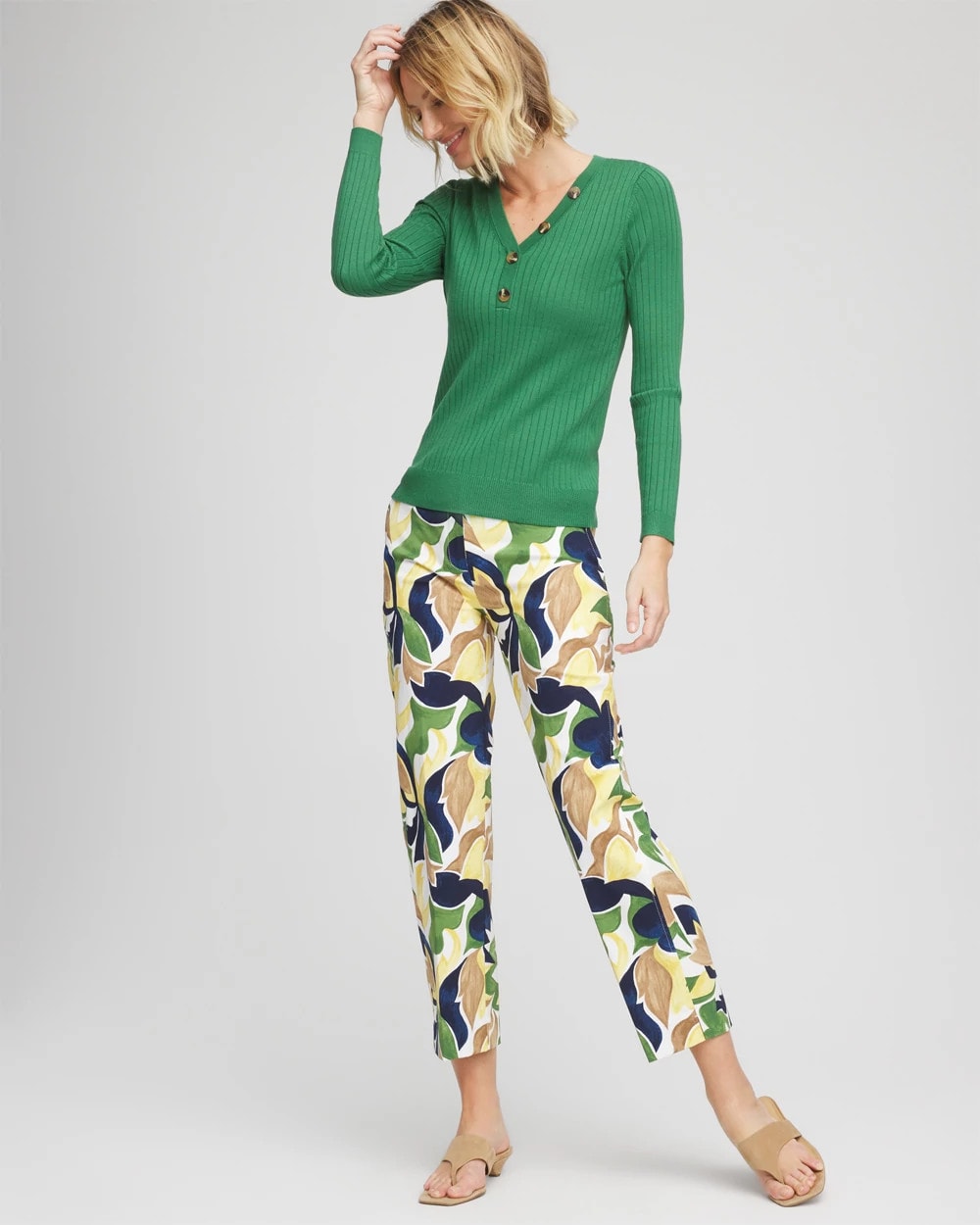 Ribbed Button Henley Sweater Jardin Green - Chico's