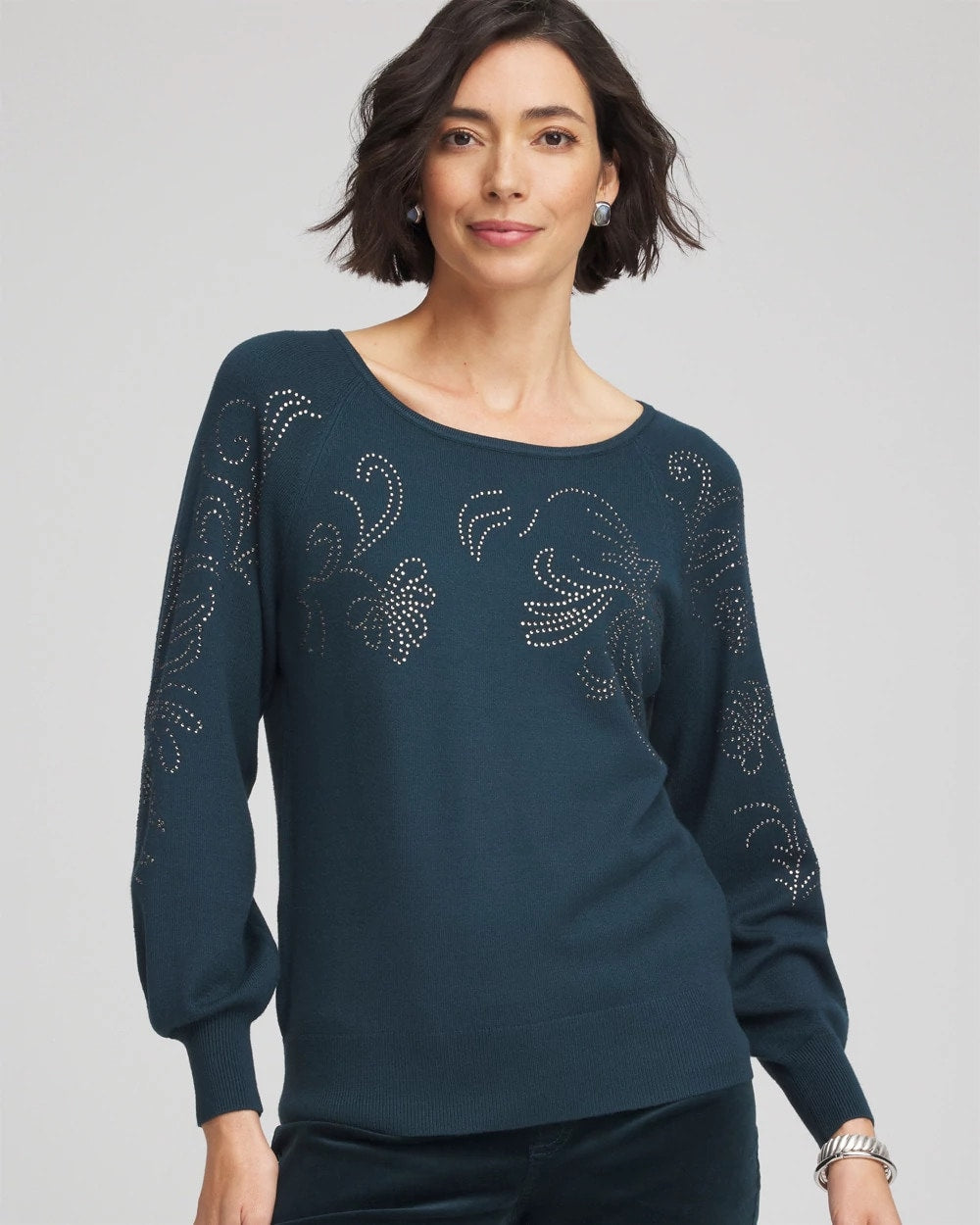 Heatset Embroidered Pullover Teal Shadow - Chico's