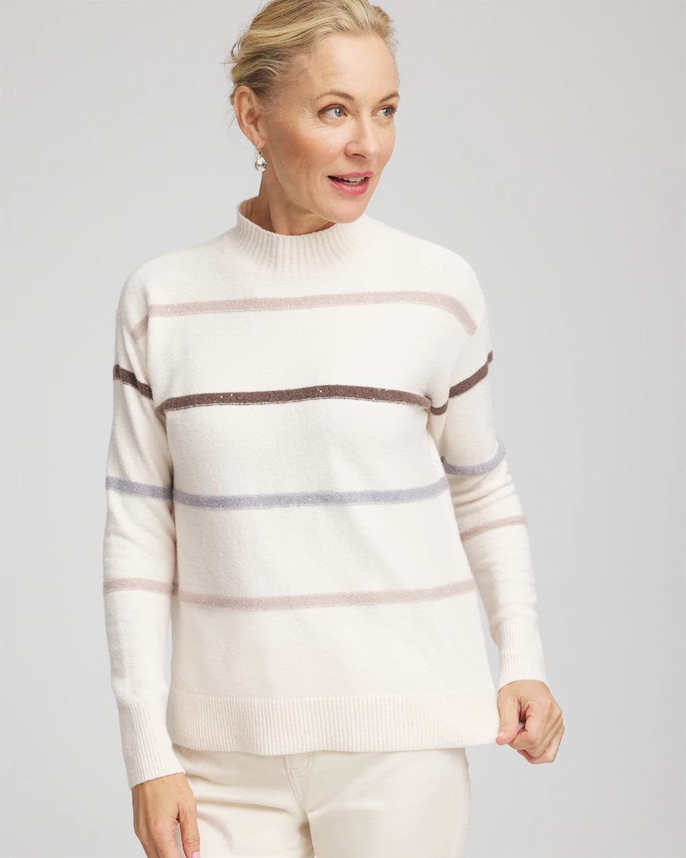 Sequined Stripe Pullover Sweater English Cream - Chico's