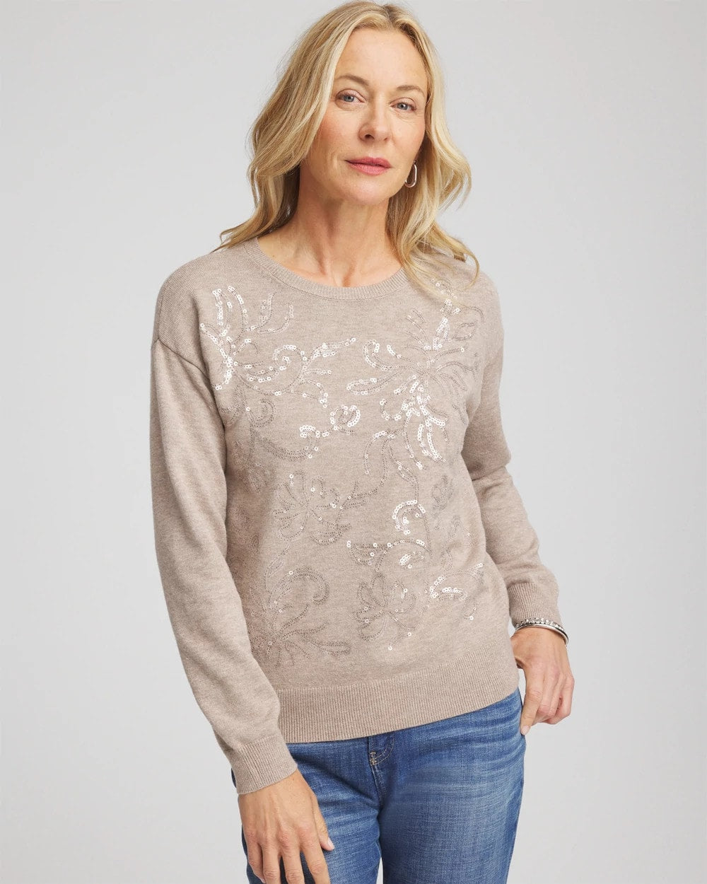 Floral Sequined Pullover Smokey Taupe - Chico's