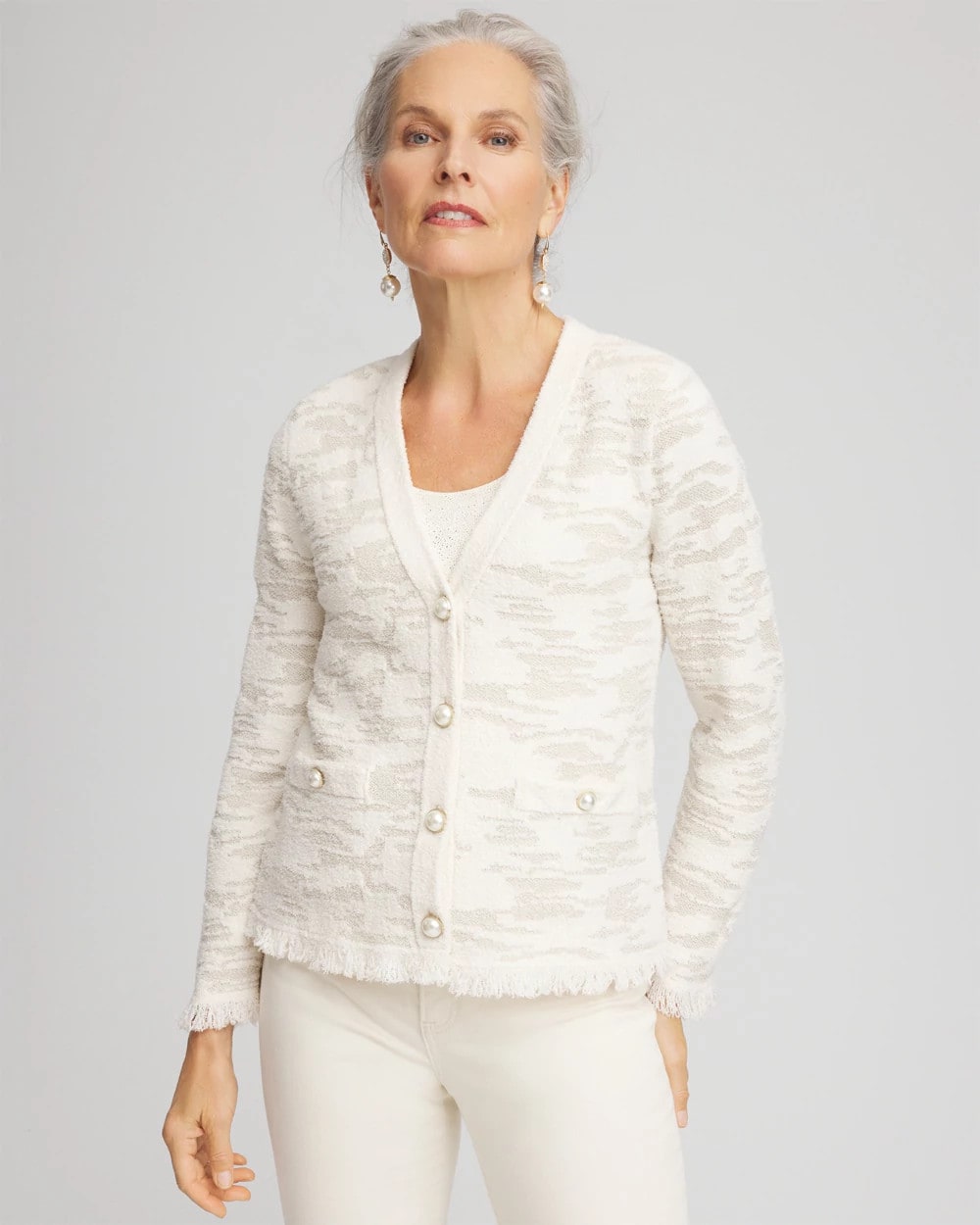 Fringe Textured V-Neck Cardigan English Cream - Chico's