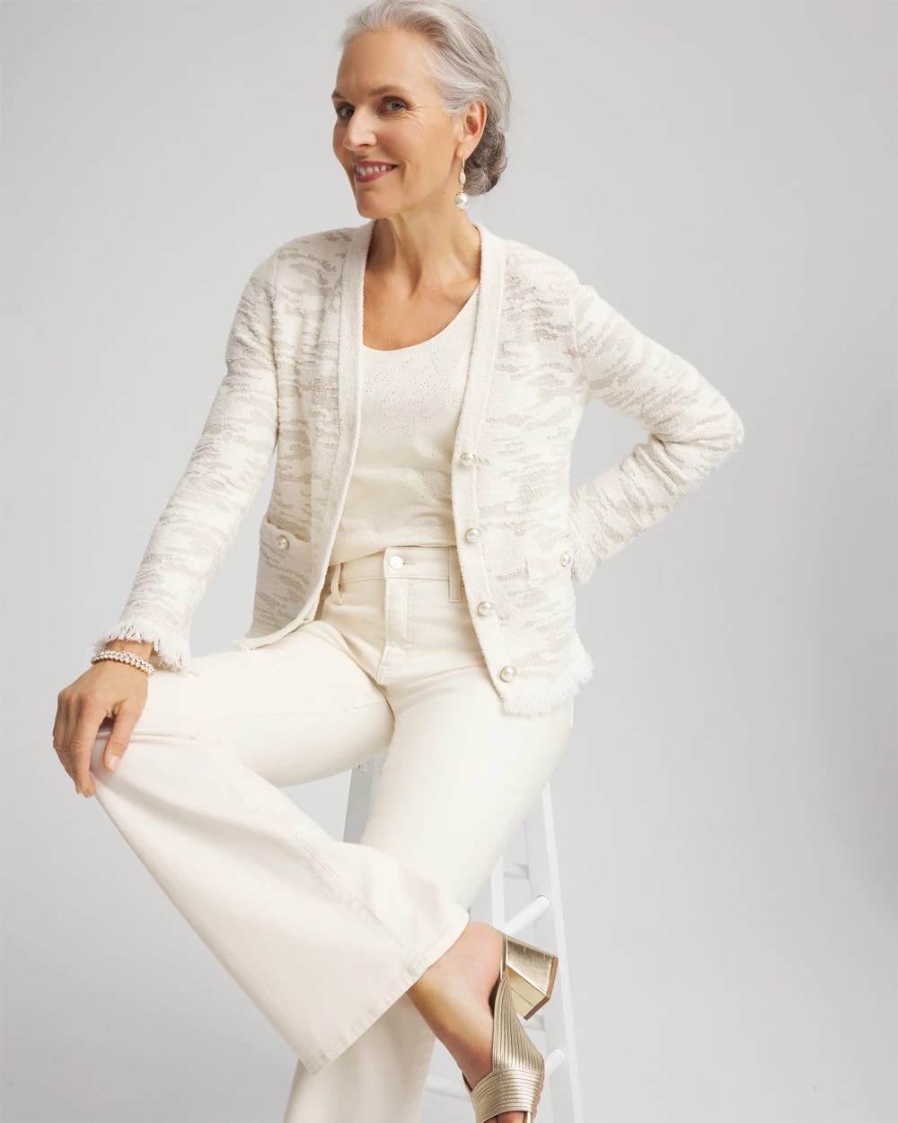 Fringe Textured V-Neck Cardigan English Cream - Chico's