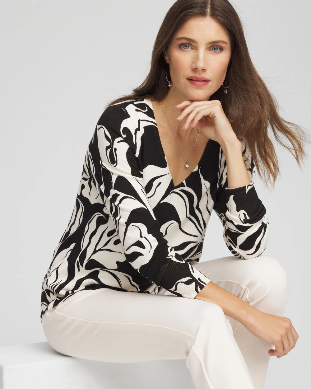 Ella Printed V-Neck Sweater Black - Chico's