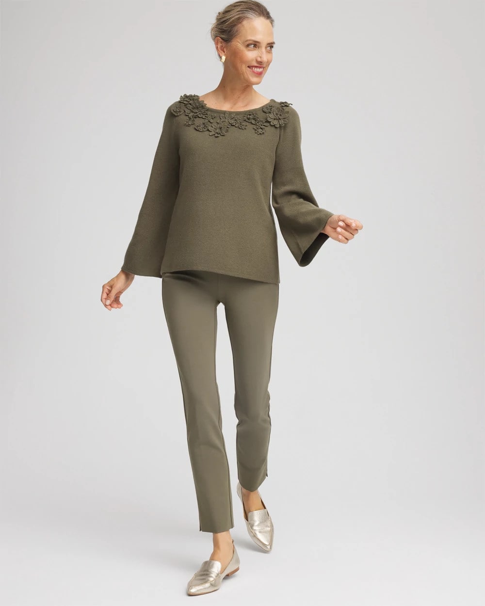 Appliqué Flared-Sleeve Sweater Nettle Leaf - Chico's