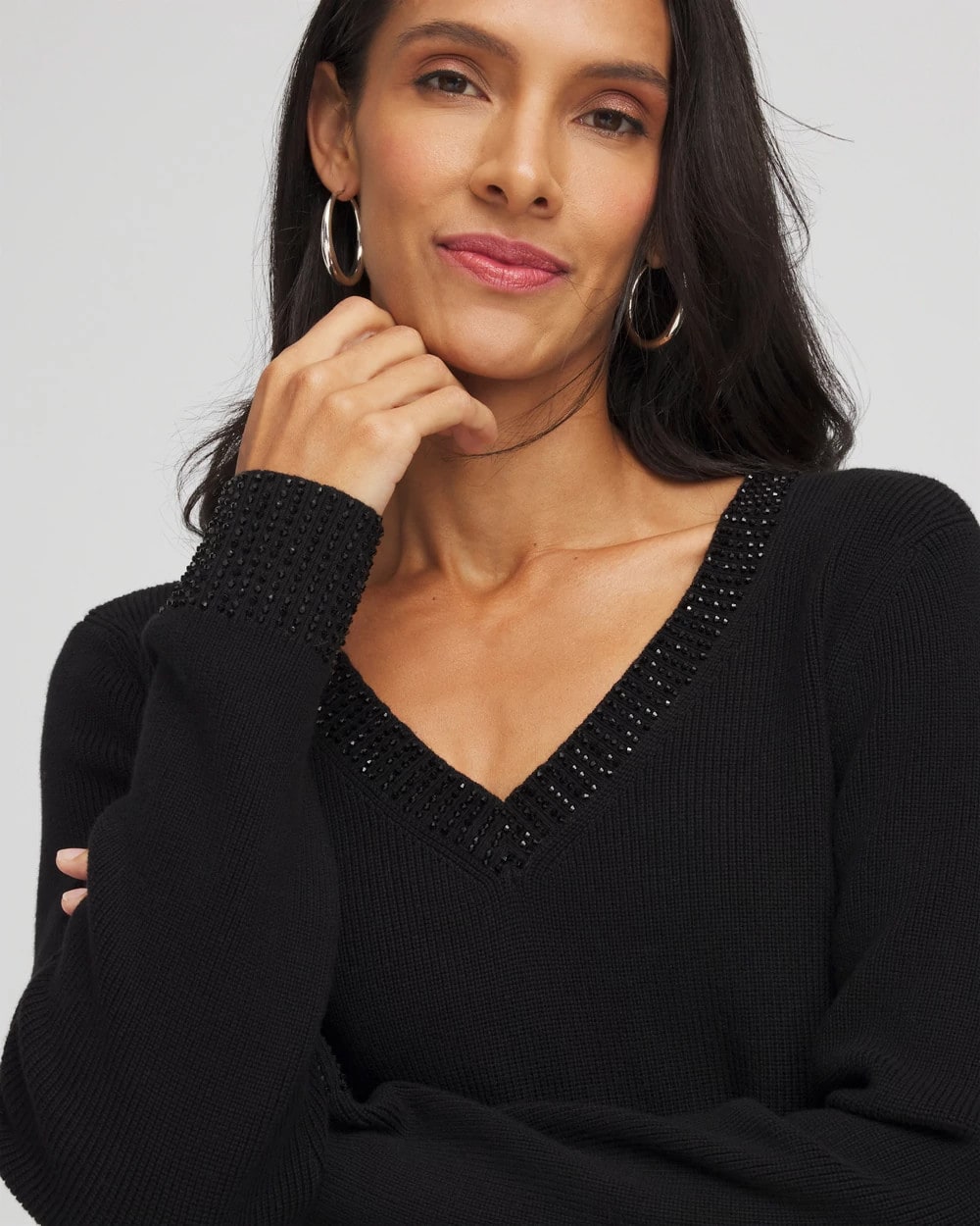 Embellished V-Neck Pullover Sweater Black - Chico's