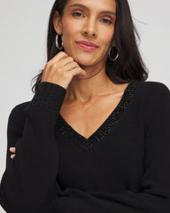 Embellished V-Neck Pullover Sweater Black - Chico's