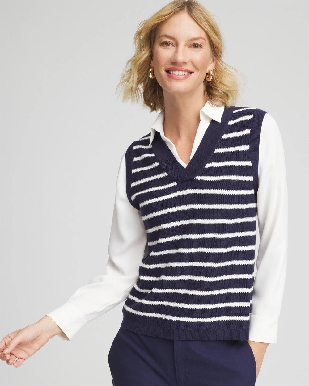 Striped V-Neck 2 in 1 Sweater Vest Passport Blue - Chico's