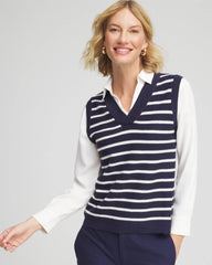 Striped V-Neck 2 in 1 Sweater Vest Passport Blue - Chico's