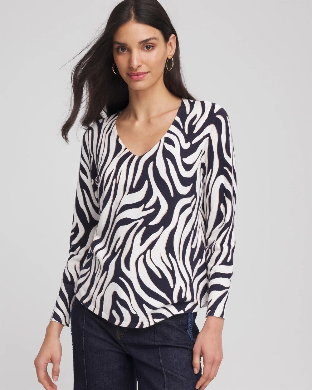 Ella Zebra V-Neck Pullover Sweater Passport Blue - Chico's