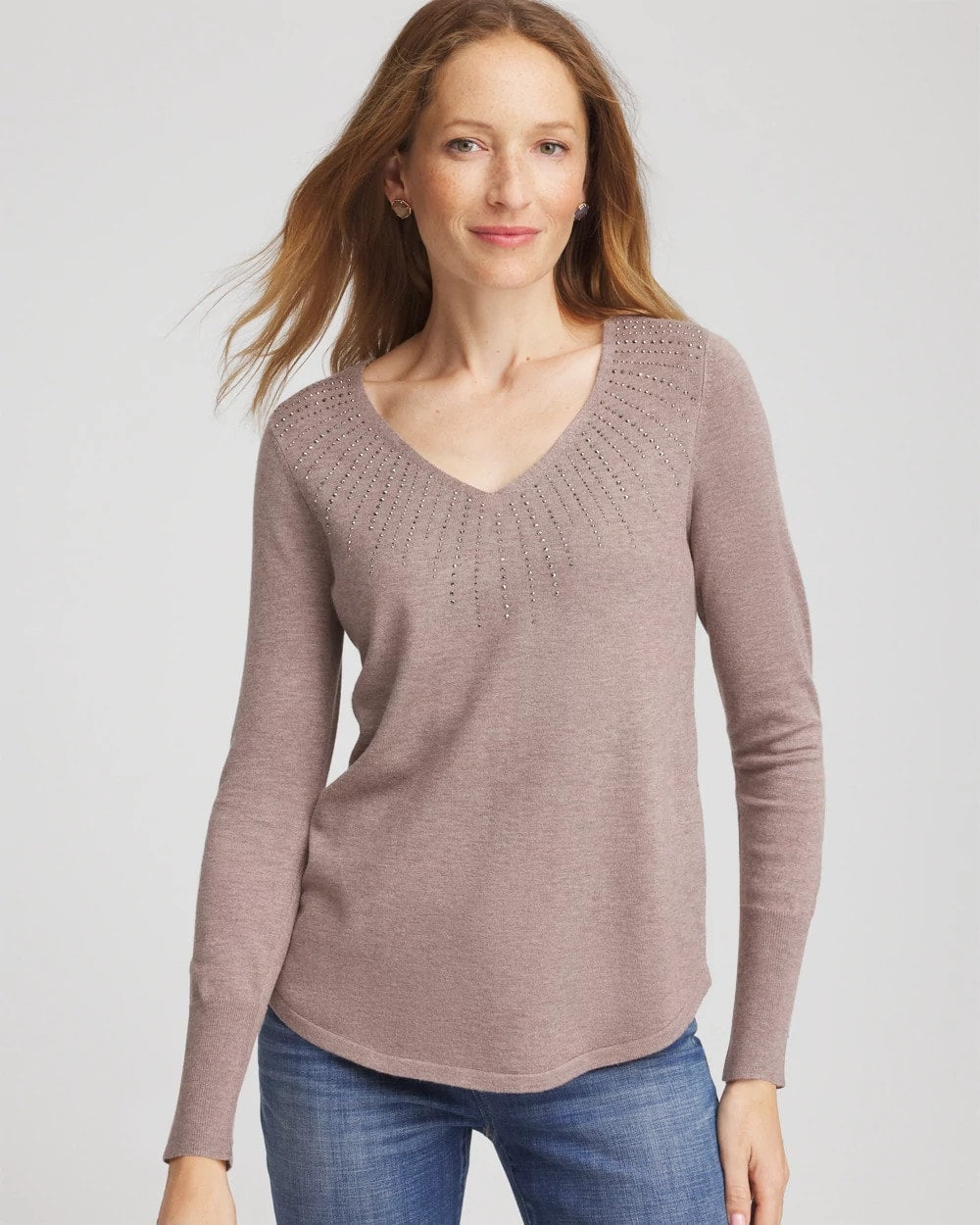 Ella Embellished V-Neck Sweater Taupe Heather - Chico's