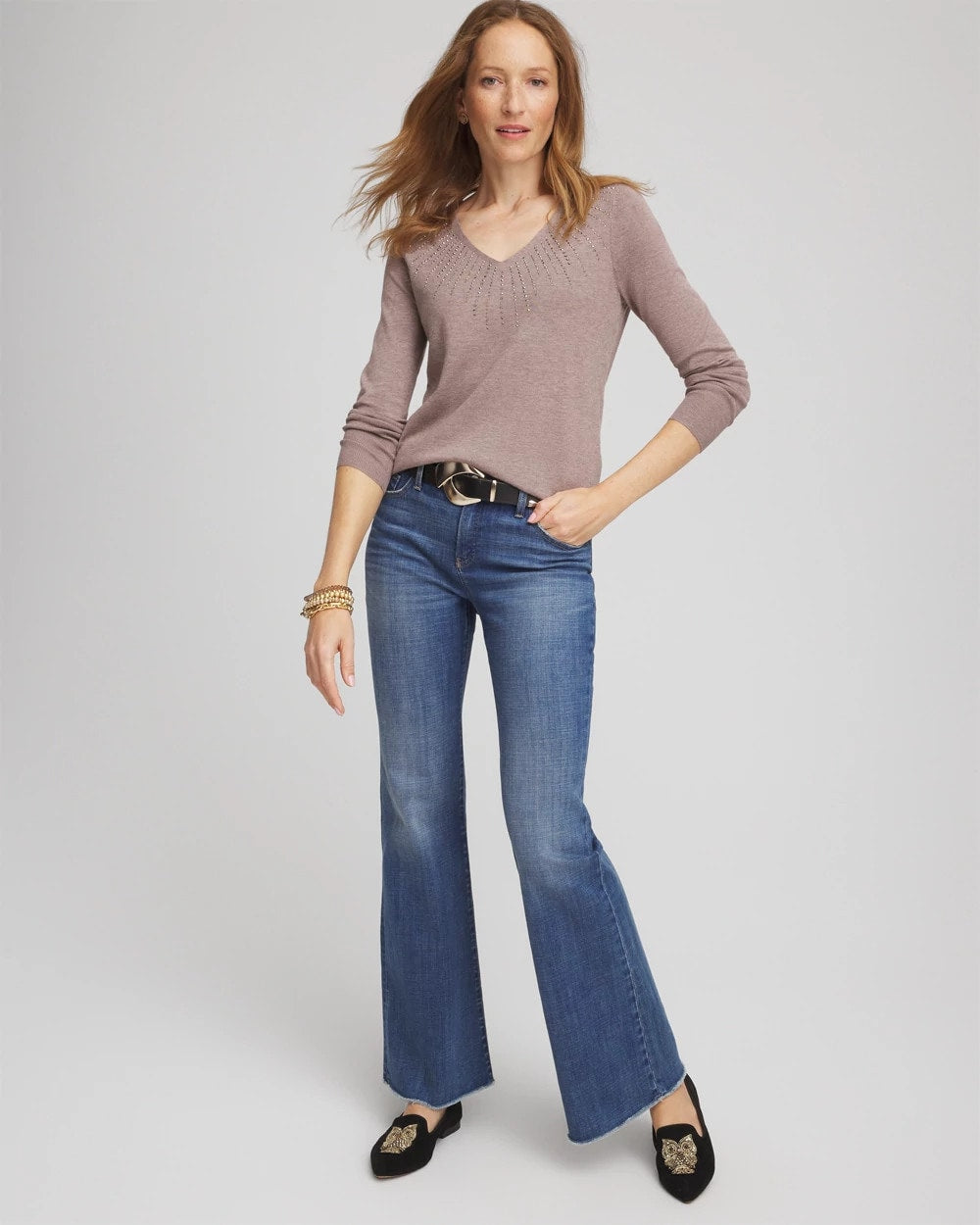 Ella Embellished V-Neck Sweater Taupe Heather - Chico's