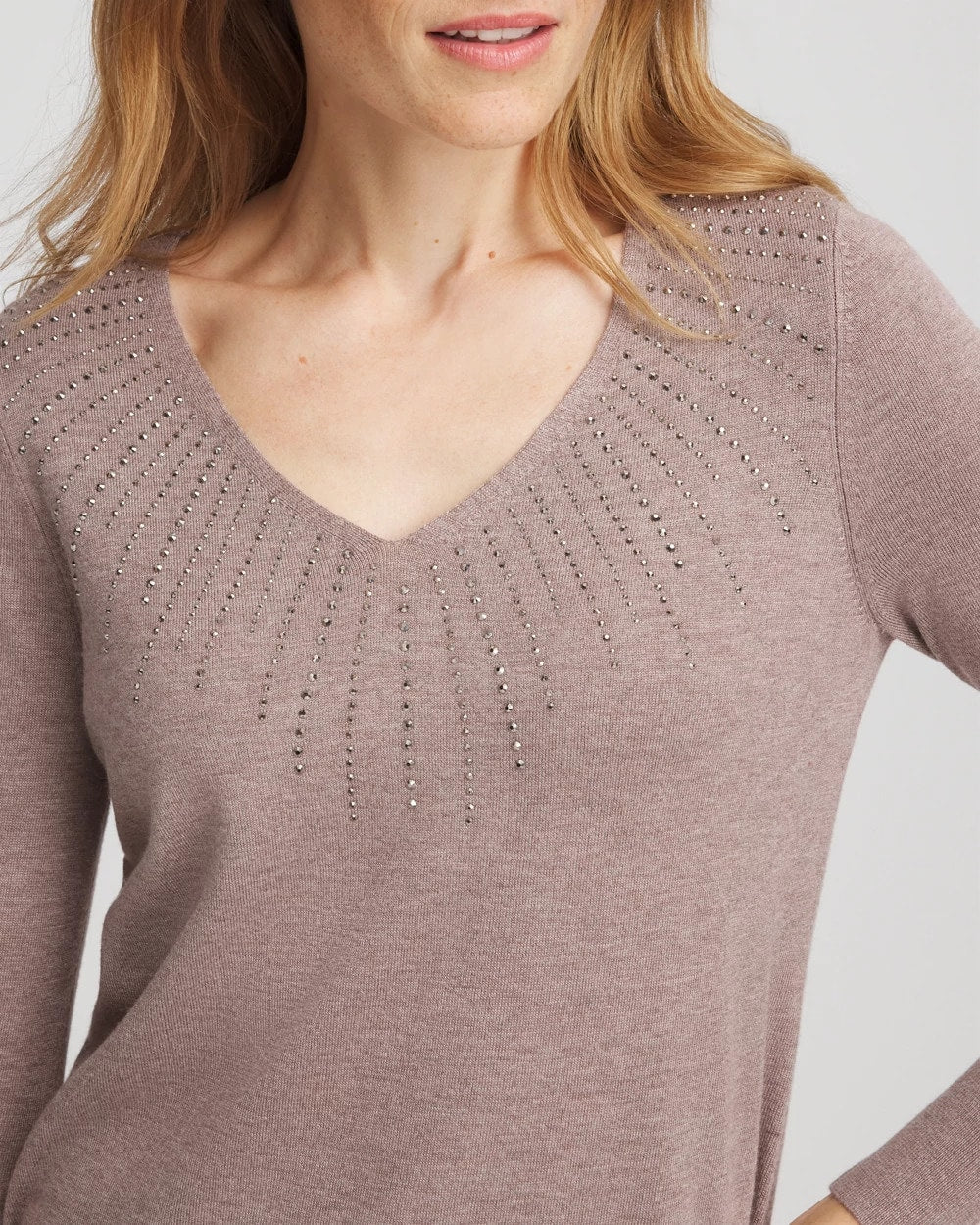 Ella Embellished V-Neck Sweater Taupe Heather - Chico's