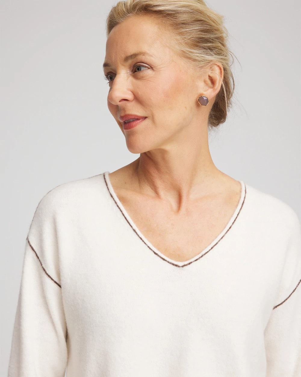 Contrast Stitch V-Neck Sweater English Cream - Chico's