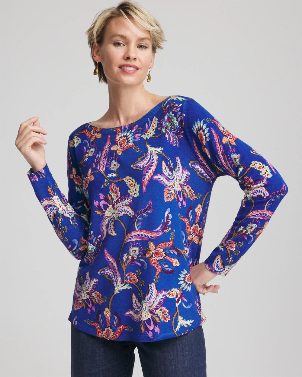 Ella Boatneck Printed Pullover Sweater Cobalt Stone - Chico's