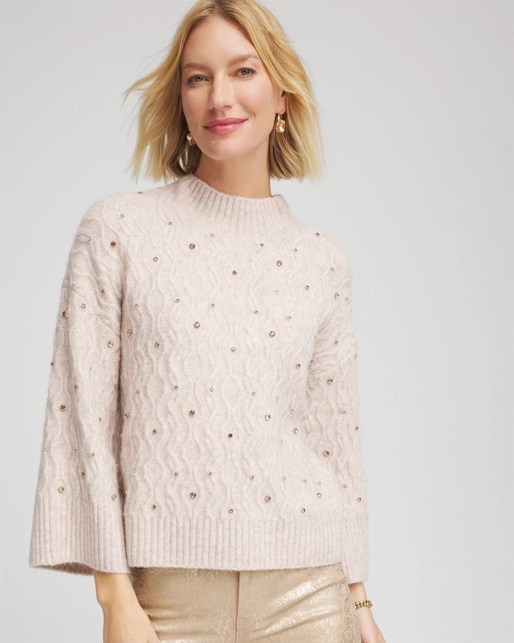 Sequined Cable Knit Sweater Birch Bark Heather - Chico's