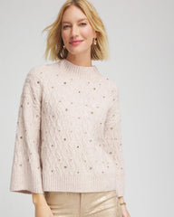 Sequined Cable Knit Sweater Birch Bark Heather - Chico's