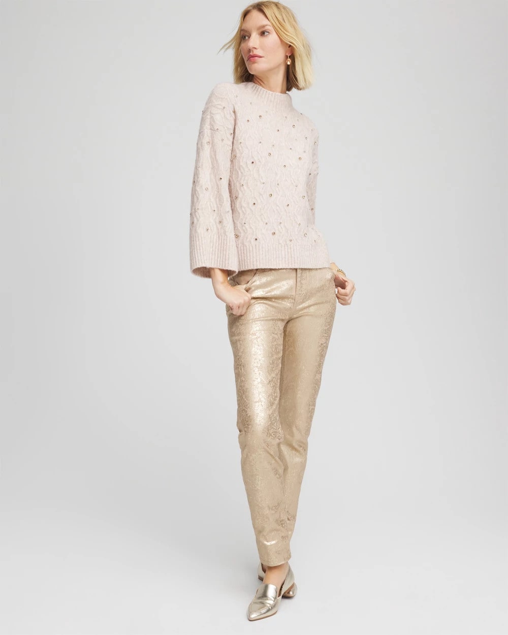 Sequined Cable Knit Sweater Birch Bark Heather - Chico's