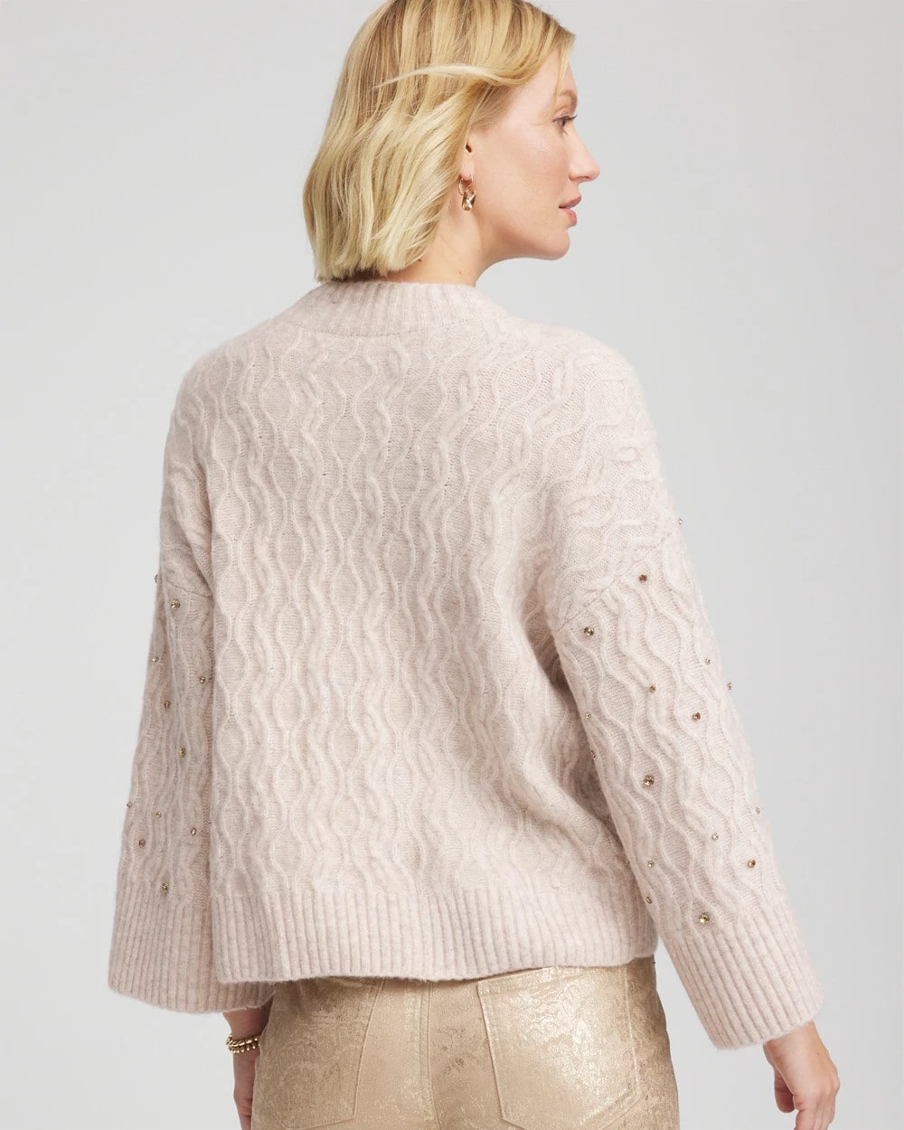 Sequined Cable Knit Sweater Birch Bark Heather - Chico's