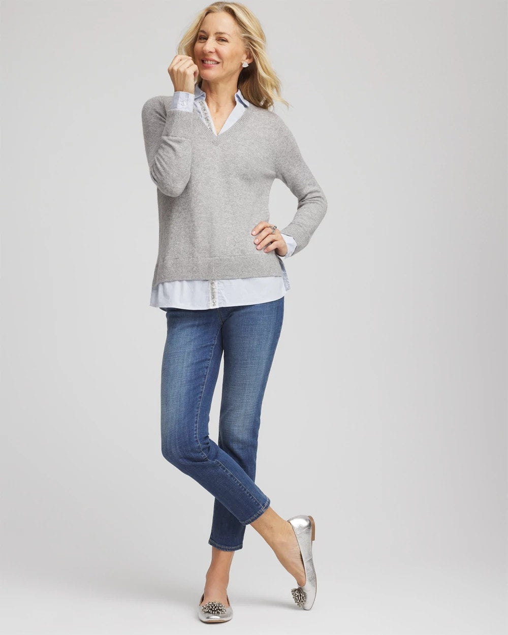 Sequin Built-In Shirt Knit Sweater Gray - Chico's