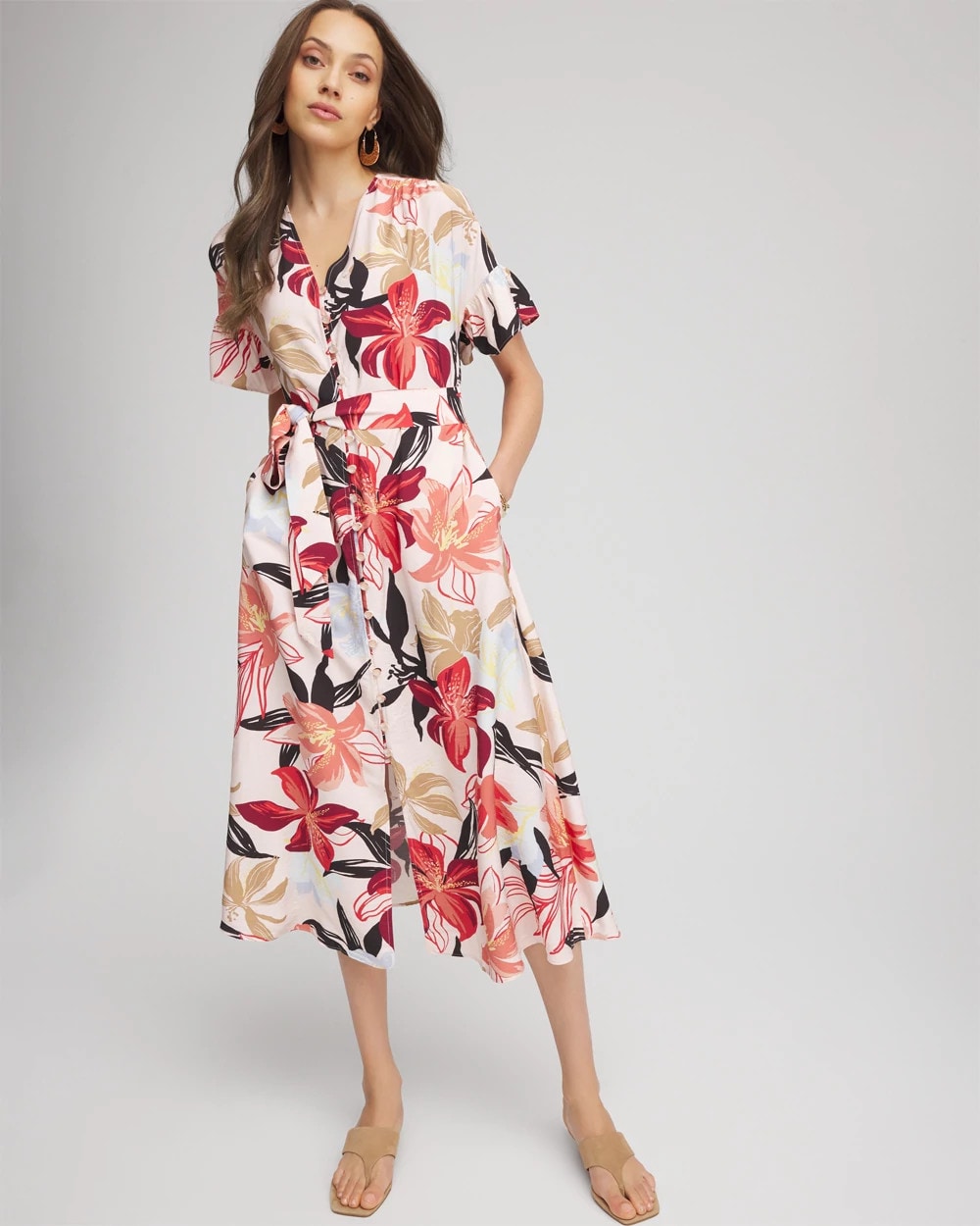 Tonal Floral Ruffle-Sleeved Midi Dress Multi - Chico's