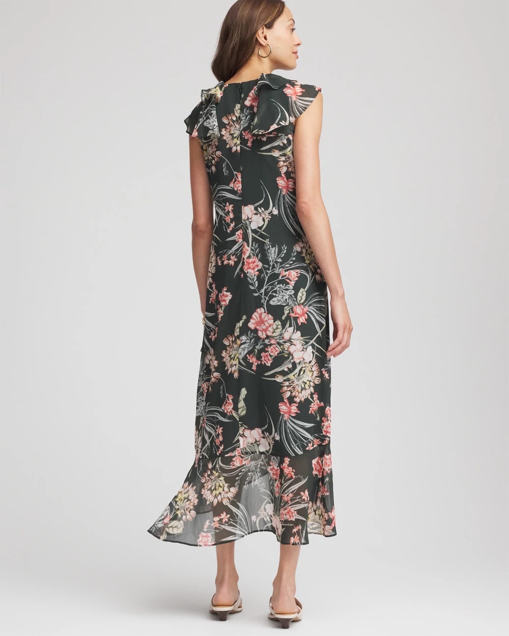 Floral Ruffle-Trim Chiffon Dress Darkest Spruce - Chico's