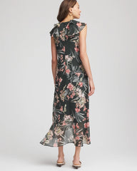 Floral Ruffle-Trim Chiffon Dress Darkest Spruce - Chico's