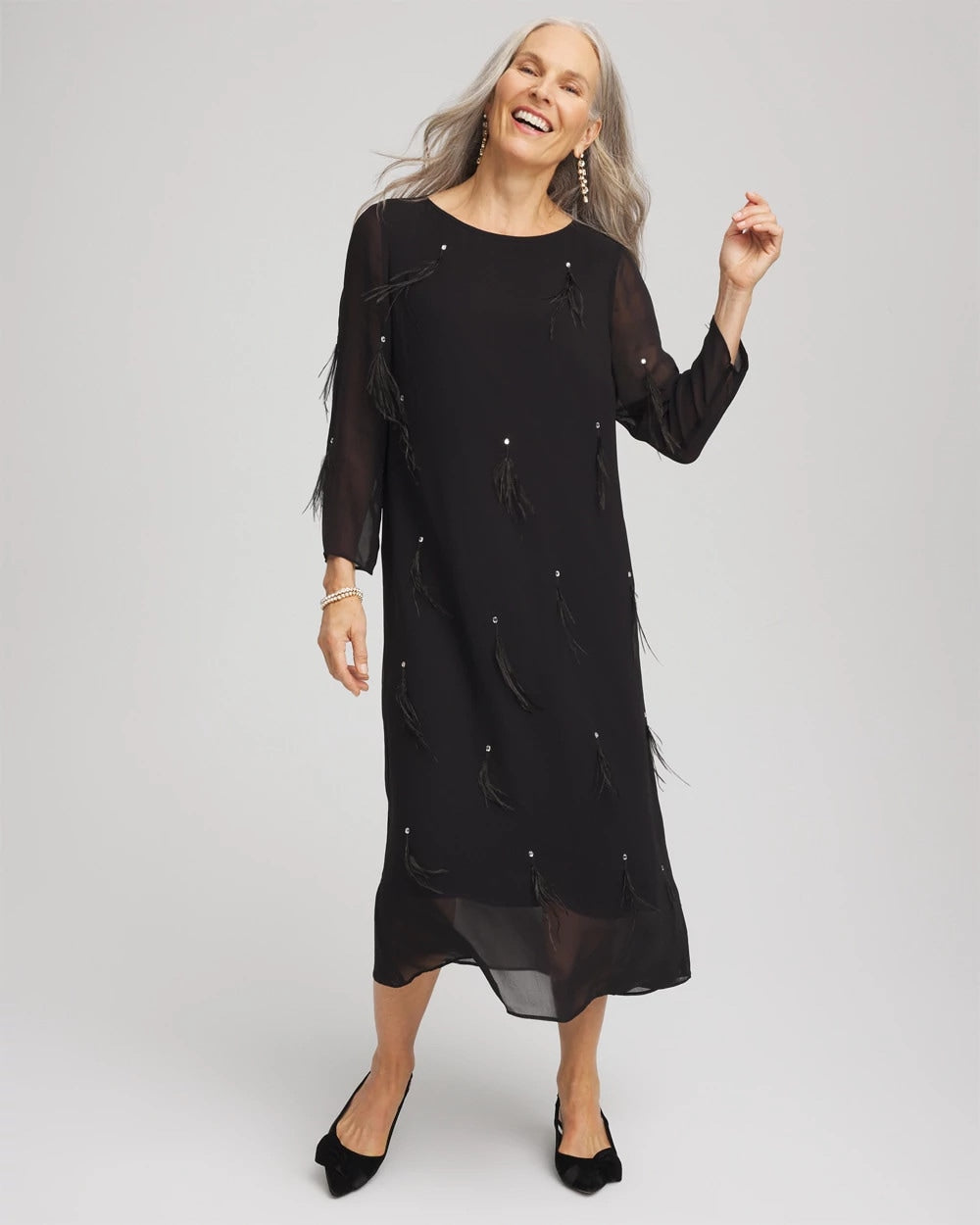 Feathered Georgette Popover Dress Black - Chico's