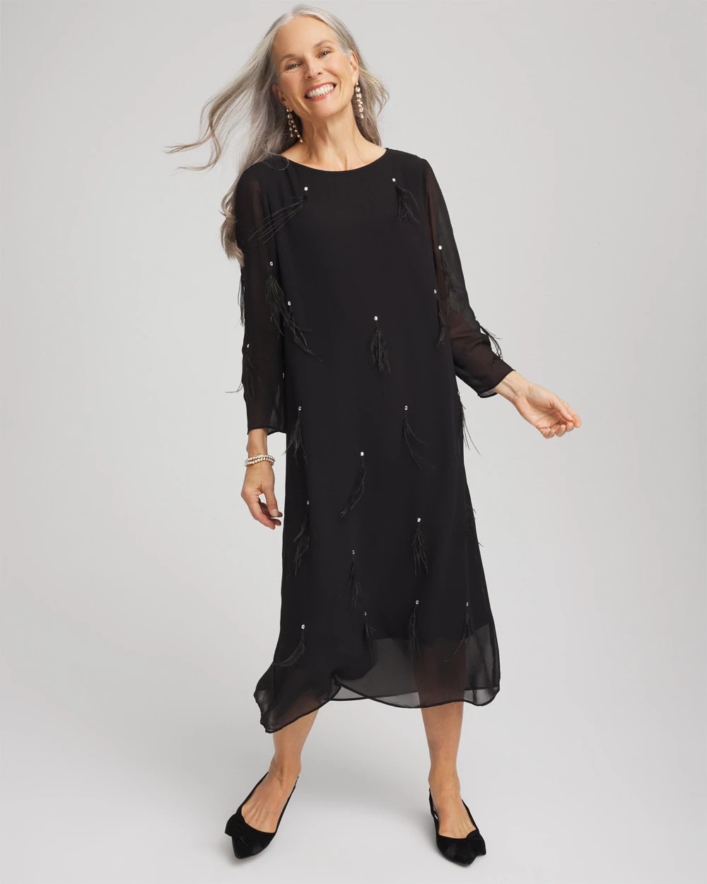 Feathered Georgette Popover Dress Black - Chico's