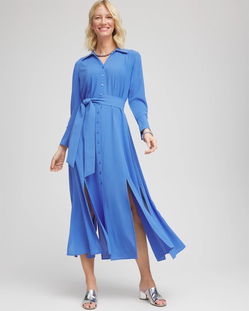 Belted Split Hem Maxi Shirtdress Blue Pearl - Chico's