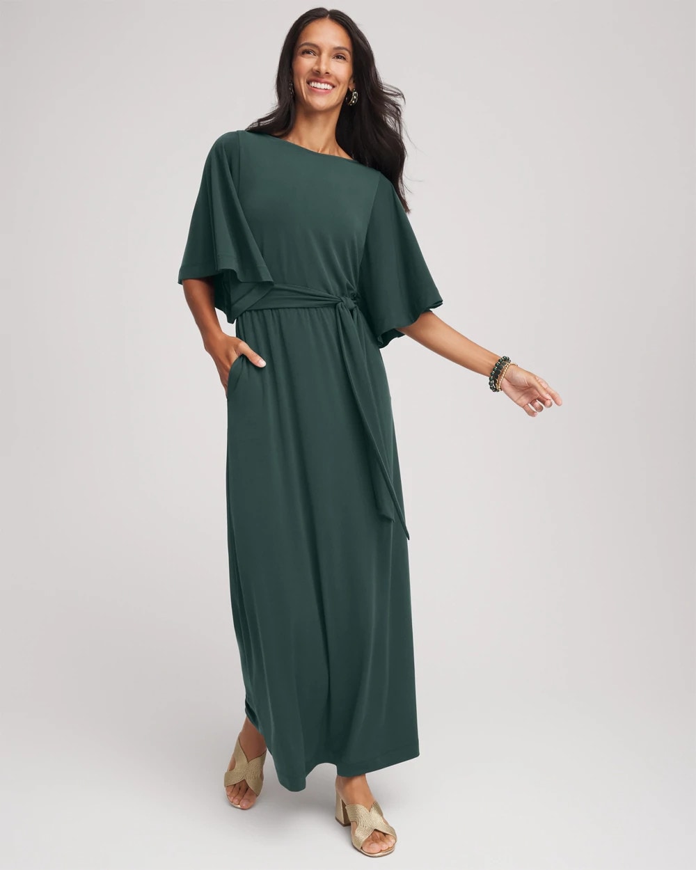Belted Flutter-Sleeve Maxi Dress Darkest Spruce - Chico's