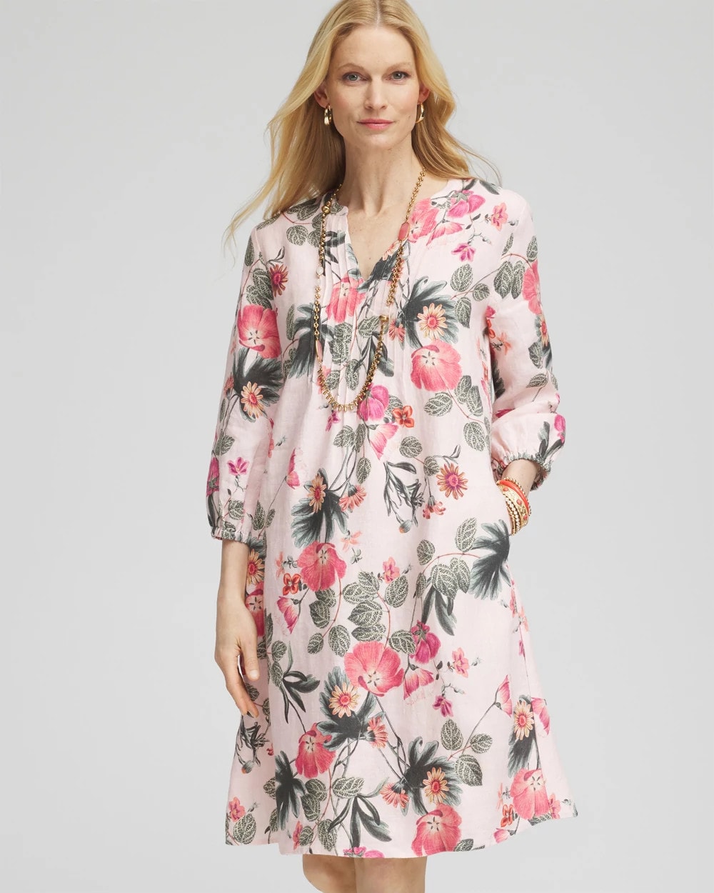 Floral Linen Pintuck 3/4 Sleeved Dress Multi - Chico's