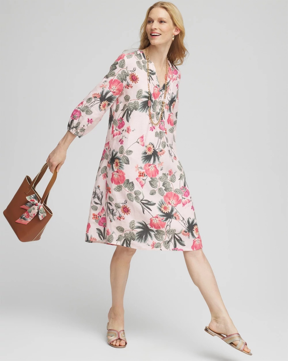 Floral Linen Pintuck 3/4 Sleeved Dress Multi - Chico's