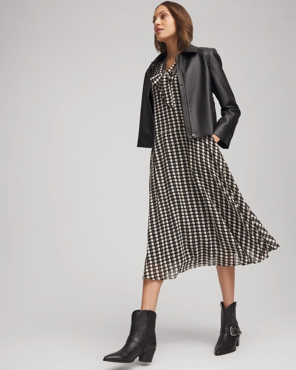Chiffon Clip-Dot Tie-Neck Dress Black - Chico's