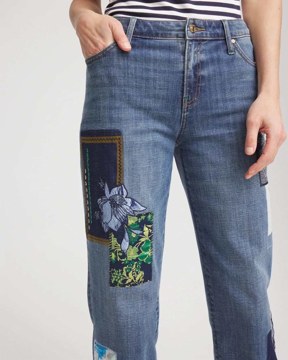 Boyfriend Patchwork Cropped Jeans Whimsical Indigo - Chico's