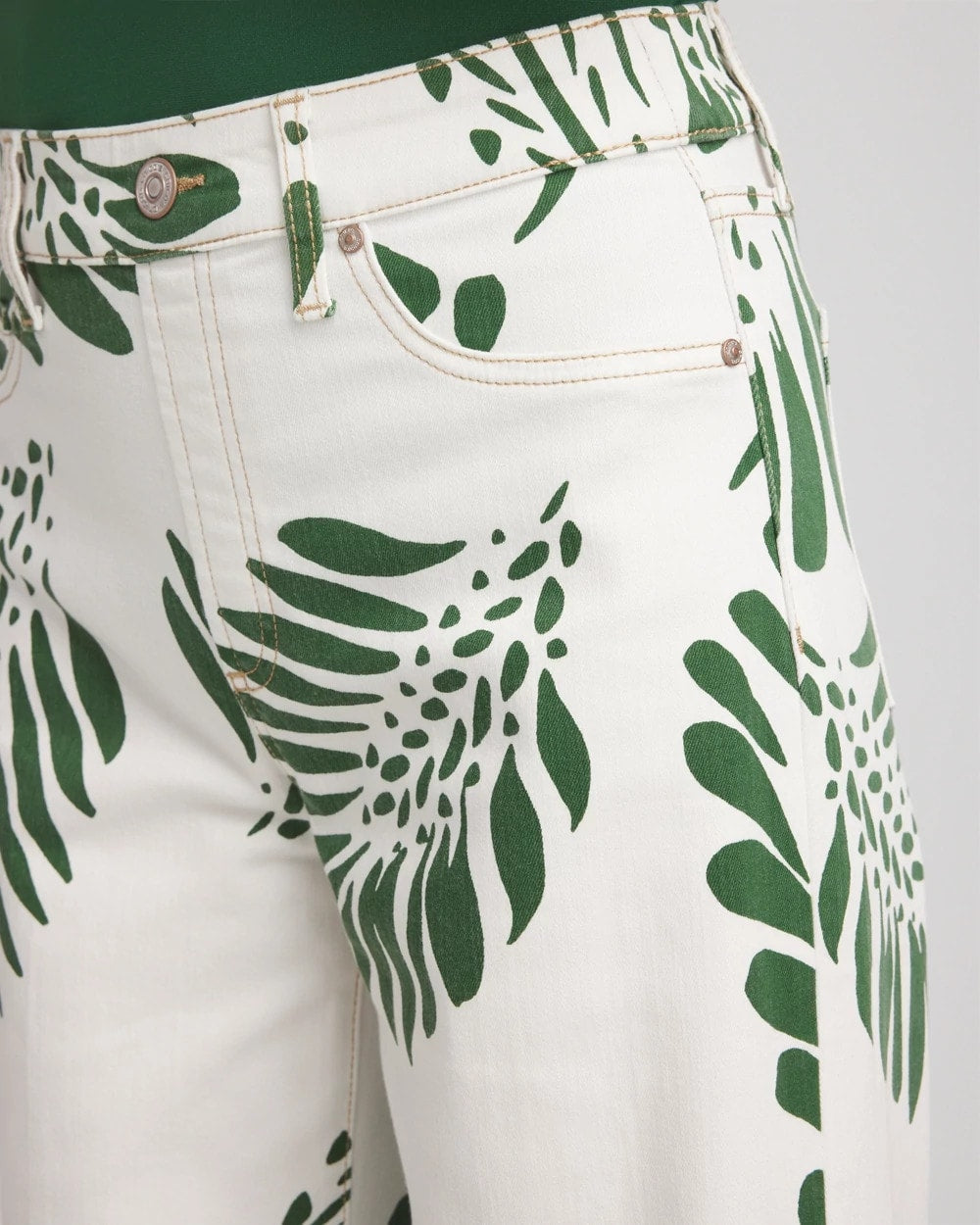 Palm-Frond-Motif Pull-On Wide-Leg Cropped Jeans Ecru - Chico's