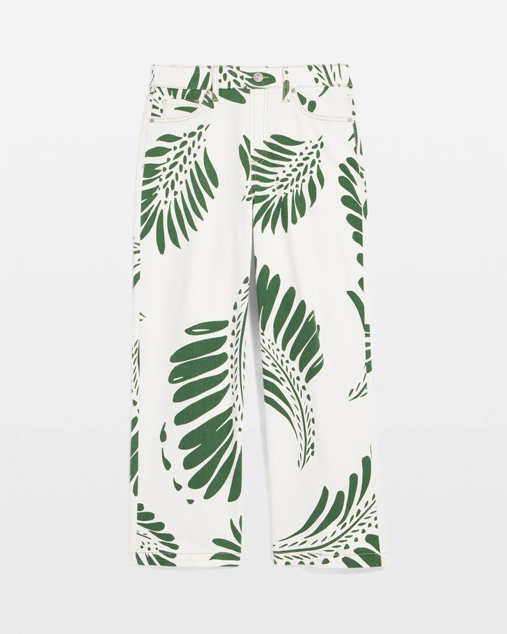 Palm-Frond-Motif Pull-On Wide-Leg Cropped Jeans Ecru - Chico's