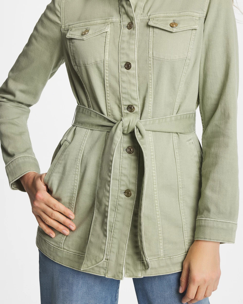Elongated Belted Denim Jacket Seagrass Green - Chico's