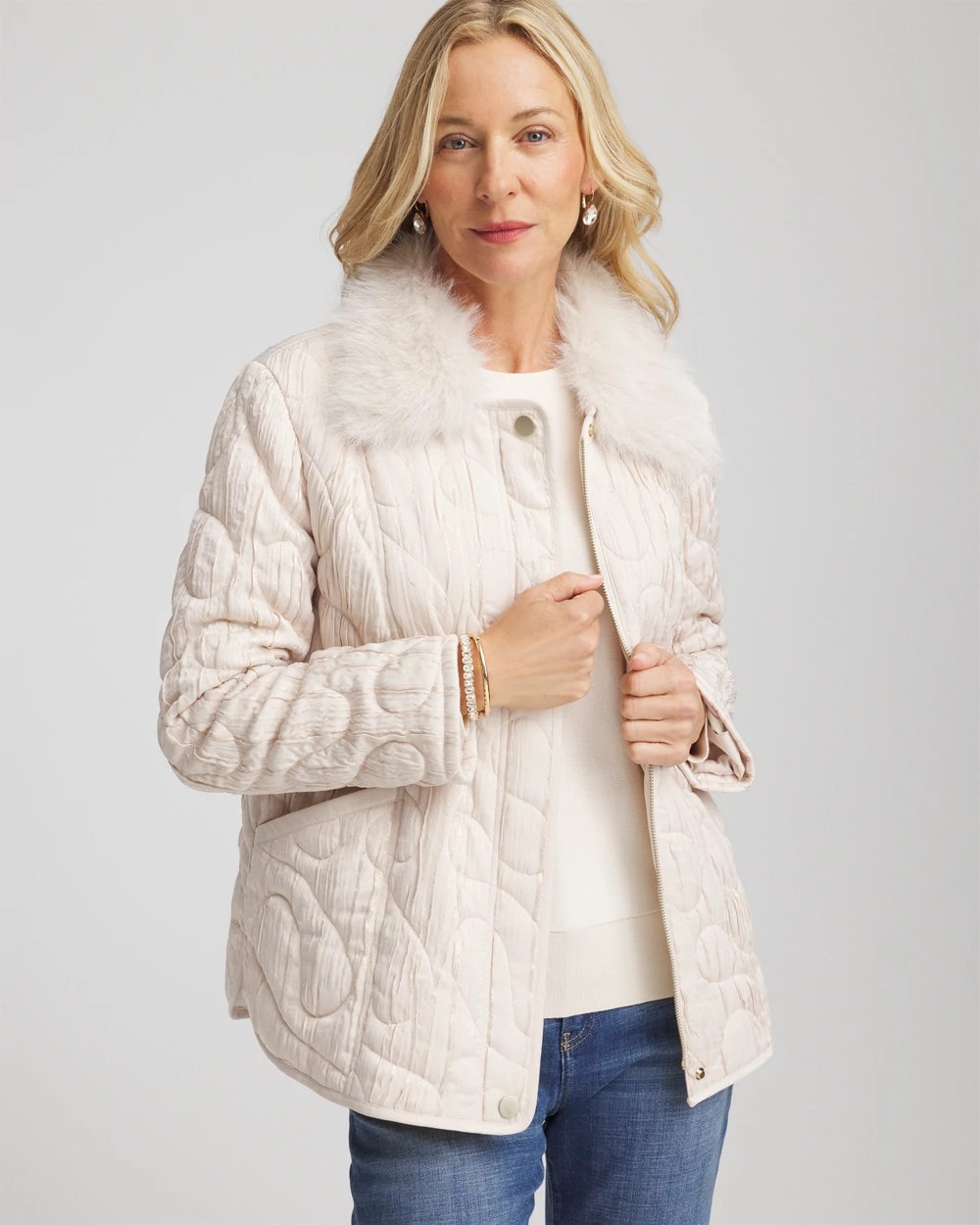 Quilted Faux Fur Collar Jacket Cream - Chico's
