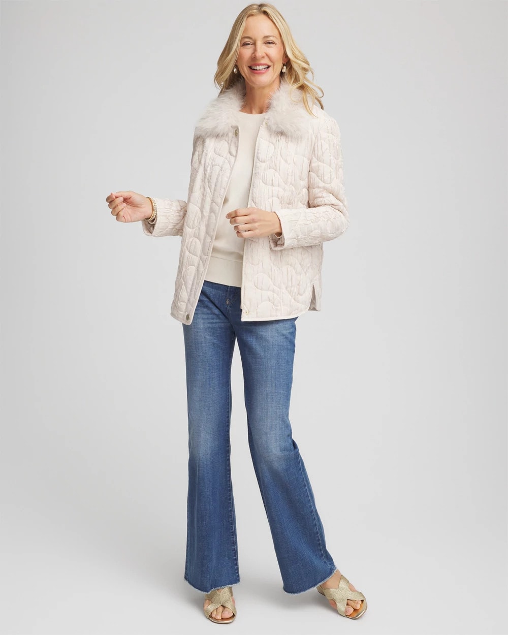 Quilted Faux Fur Collar Jacket Cream - Chico's